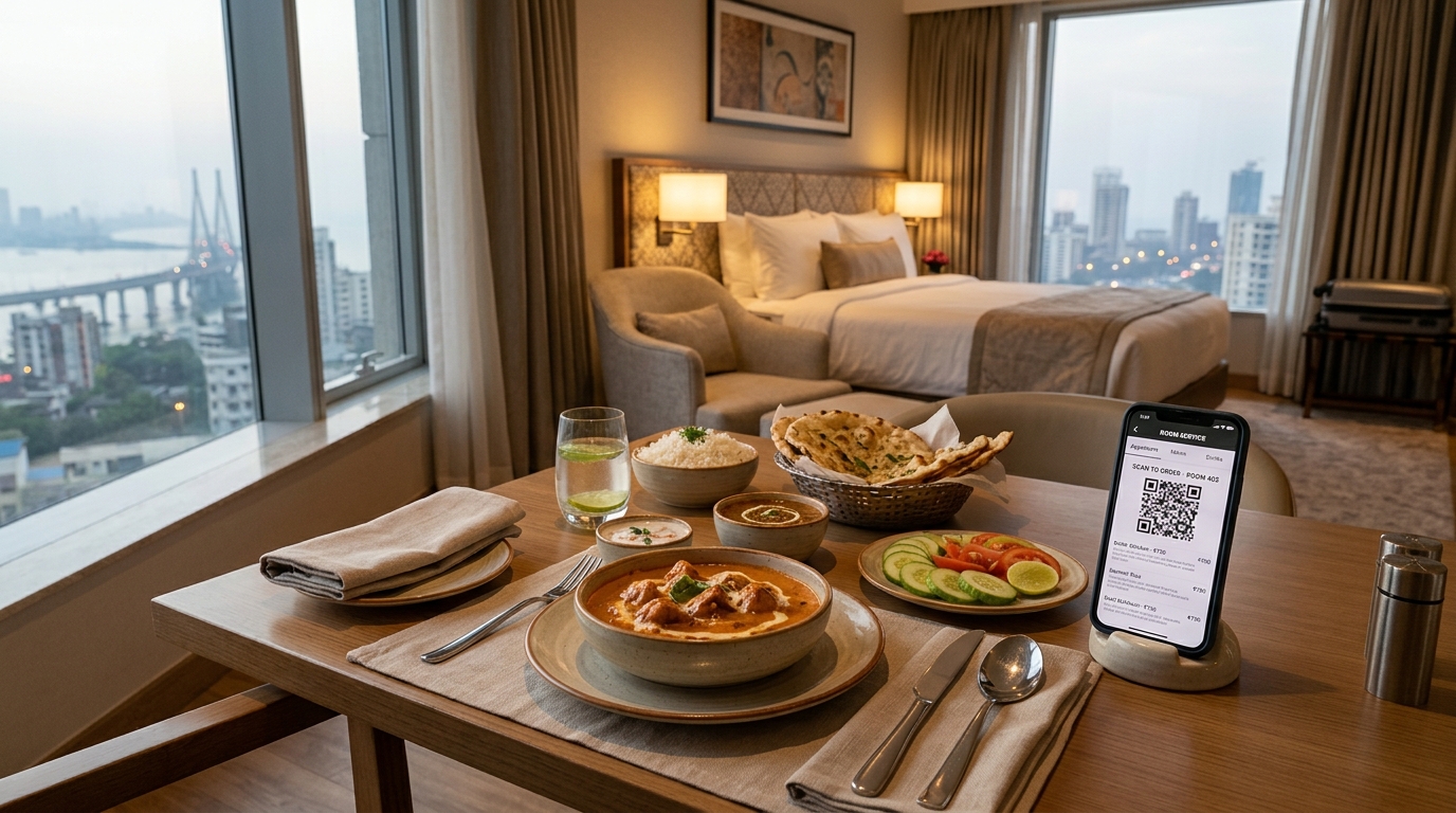 Realistic modern hotel room in-room dining setup with QR digital menu on smartphone